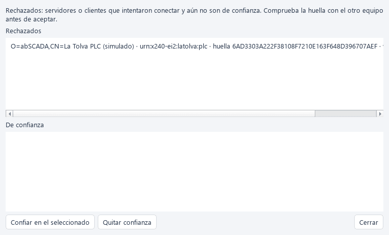Proyecto → Certificados OPC UA: el del PLC espera en «Rechazados» hasta que se confía en él.