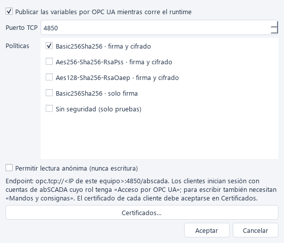 Proyecto → Servidor OPC UA: puerto, políticas de seguridad y acceso anónimo.